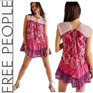 Free People Pink & Purple Angelica Floral Mesh Babydoll Dress